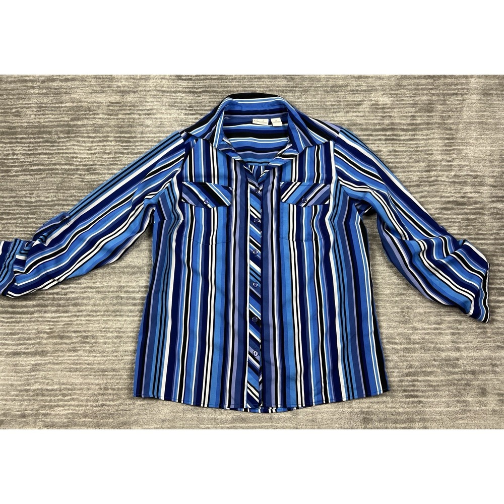 Kim Rogers Top Womens 1X Blue Striped Button Up Long‎ Sleeve Polyester Blend